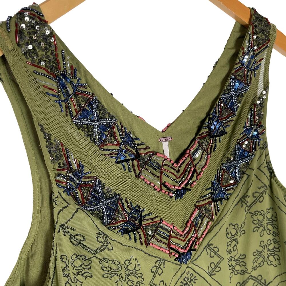 FREE PEOPLE Women’s Ancient Mystery Beaded Green Geo Print Swing Dress - Picture 5 of 8
